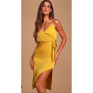 JOA Fall In Love Size XLarge Mustard Yellow Wrap Strappy Midi Mobwife Dress